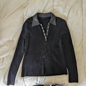 Cyrus Black Sweater with Real Leather Collar